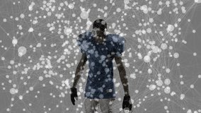 Football player holding helmet at side, securing chin strap for safety amid drifting particles. Athlete, sports, modern, digital, performance, strength, perseverance - Powered by Shutterstock - Get 15% off with code: PIKWIZARD15