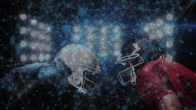 Football players converging and clashing helmets with data overlay pulsing for sports analysis. Athletes, competition, digital, tech, intensity, teamwork, analytics - Powered by Shutterstock - Get 15% off with code: PIKWIZARD15
