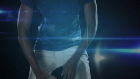 Football player leaning pre-snap as data node pulsing on helmet driving sports tech network overlay. Athlete, technology, digital, motion, futuristic, sport, innovation - Powered by Shutterstock - Get 15% off with code: PIKWIZARD15