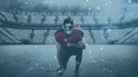 Football player kneeling on turf, initiating snap motion with tech overlay guiding play. Athlete, sports, digital, network, analytics, preparation, action - Powered by Shutterstock - Get 15% off with code: PIKWIZARD15