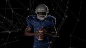 Male athlete stepping adjusting helmet while raising football showcasing network overlay technology. Dynamic, athletic, futuristic, motion, strength, determination, innovation - Powered by Shutterstock - Get 15% off with code: PIKWIZARD15