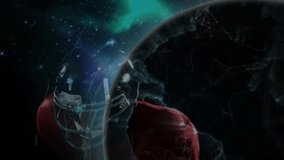 Football player appearing in starfield and initiating globe spin while showing sports tech network. Athlete, connectivity, science, digital, innovation, technology, visualization - Powered by Shutterstock - Get 15% off with code: PIKWIZARD15