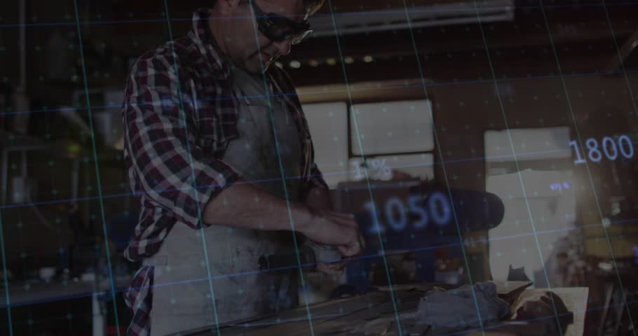 Craftsman sanding plank at carpentry shop, revealing digital grid updating smoothing progress. Craftsmanship, woodworking, technology, precision, manual work, industrial, renovation