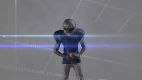 Quarterback gripping football reacting to blue light sweeps, pulsing binary code in sports tech. Digital, futurism, technology, motion, athletic, innovation, sleek - Powered by Shutterstock - Get 15% off with code: PIKWIZARD15