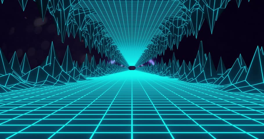Viewer advancing down neon cyan grid corridor peaks glowing violet, figure growing revealing depth. Futuristic, digital, neon, immersive, abstract, virtual, sci-fi