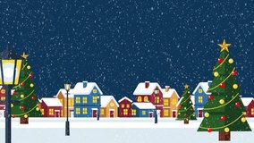 Looping flat vector winter night scene with snowy colorful houses, glowing lamps, decorated Christmas trees, and peaceful falling snow. - Powered by Shutterstock - Get 15% off with code: PIKWIZARD15