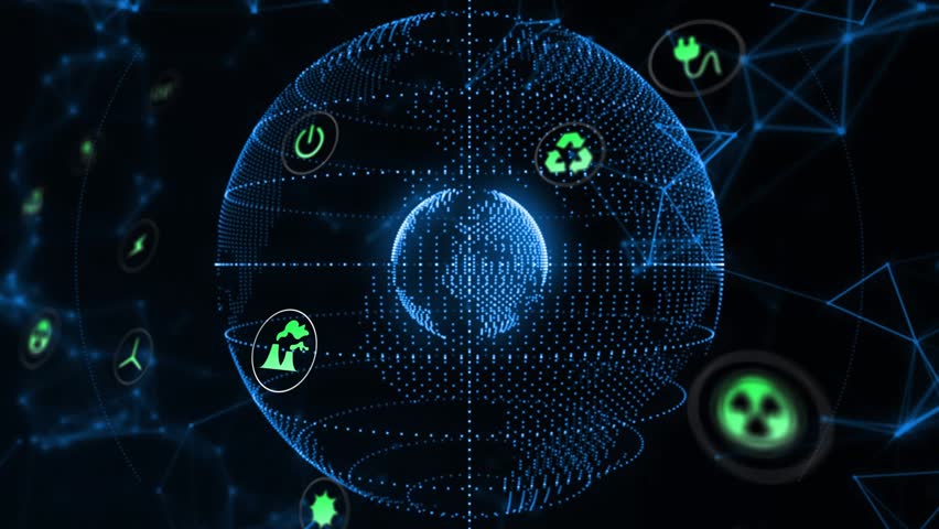 Materializing globe rotating while green icons orbiting, scanning rings highlighting energy network. Environmental, sustainability, innovation, digital, technology, energy, futuristic - Powered by Shutterstock - Get 15% off with code: PIKWIZARD15