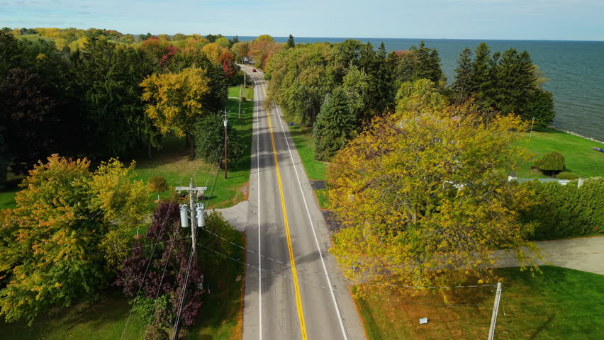 Typical American suburban road lined with trees in early autumn, with power lines and a clear view toward a distant lake. High quality 4k footage