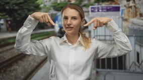 Woman smiling in front of blurred train station background wearing a white shirt and pointing at herself, conveying confidence and joy, outdoors and daytime setting. - Powered by Shutterstock - Get 15% off with code: PIKWIZARD15