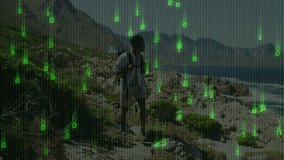 Digital code streaming revealing male hiker adjusting backpack straps while scanning coastal path. Adventure, exploration, wilderness, outdoors, technology, rugged, navigation - Powered by Shutterstock - Get 15% off with code: PIKWIZARD15