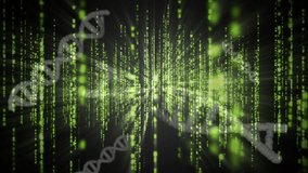 Opening code streams converging glowing core while drifting DNA helices rotating showing data flow. Futuristic, technology, abstract, digital, cyber, science, motion - Powered by Shutterstock - Get 15% off with code: PIKWIZARD15