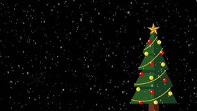 Looping Christmas tree animation at night with falling snow, golden star topper, red and gold ornaments, and glowing festive lights. - Powered by Shutterstock - Get 15% off with code: PIKWIZARD15