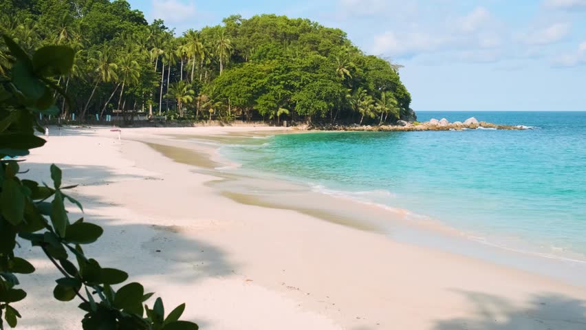 Freedom beach in Phuket island, Thailand with nobody. Tropical beach with crystal clear waters, sandy shore, palm trees and green foliage under blue sky. Summer and winter vacation destination