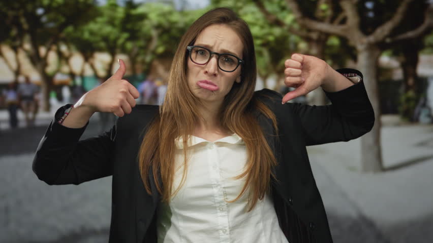 Young woman wearing glasses with a pout making thumbs up and thumbs down gestures on street; indecision.