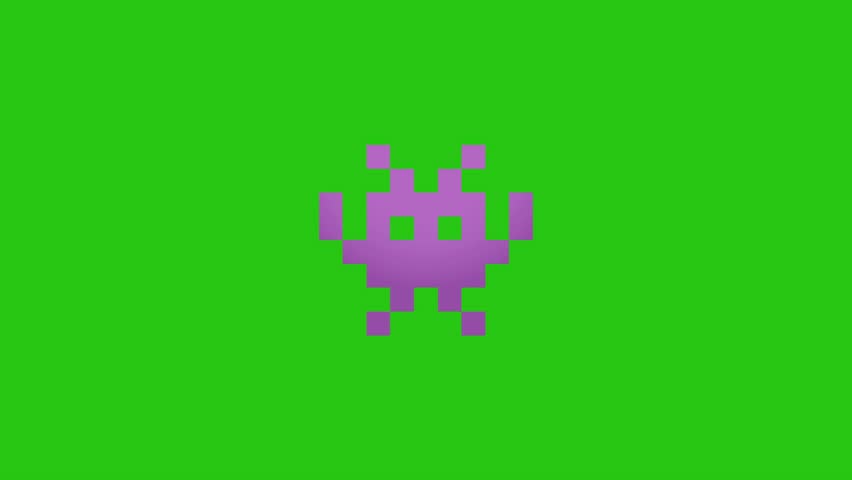 Purple space invader isolated on a vibrant green background.