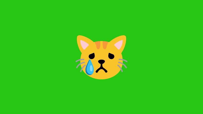 Orange cat emoji with a single blue teardrop against a green screen.