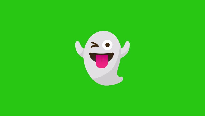 Cartoon ghost with a playful expression on a green background.