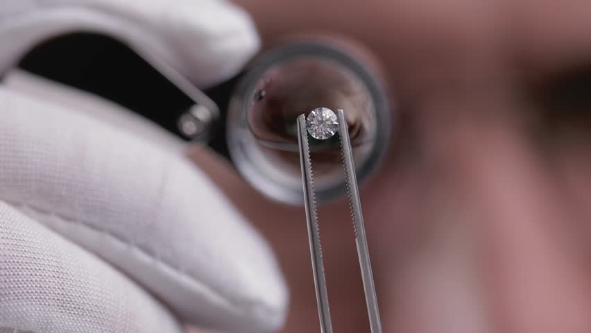 Expert jeweler examines diamond closeup with magnifying glass in high definition.