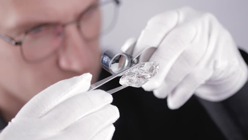 Jewelry expert examining diamond with precise tools in high definition sequence.