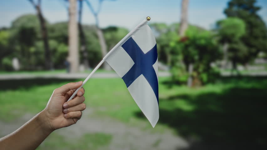 Person holding finnish flag in bright outdoor park setting, showcasing national pride and celebration with blue sky and green scenery in the background.
