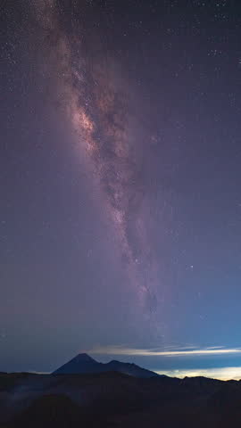 Time lapse The Milky Way spins over Mount Bromo volcanoes. The Milky Way sparkles above the summit of Bromo Volcano and stands perpendicular to the summit of Mount Bromo spewing white smoke