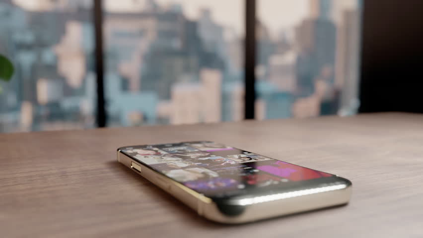 Smartphone on table with floating social media notifications: likes, comments, followers, hashtags. Represents digital marketing, online engagement, network popularity, modern communication.