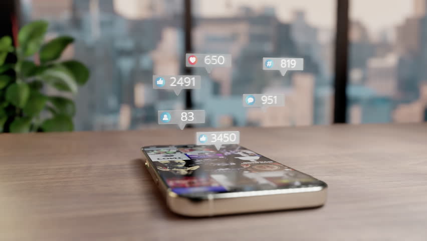 Smartphone on table with floating social media notifications: likes, comments, followers, hashtags. Represents digital marketing, online engagement, network popularity, modern communication.