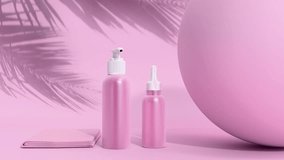 Elegant pink cosmetic bottles mockup with dropper and pump dispenser displayed on a pastel surface casting soft palm leaf shadows, perfect for beauty product advertising and skincare promotions. - Powered by Shutterstock - Get 15% off with code: PIKWIZARD15