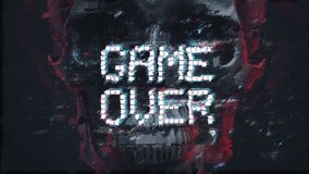 Game over message and human skull on backdrop. Pixel digital noise and distortions effect. Seamless loop animation - Powered by Shutterstock - Get 15% off with code: PIKWIZARD15