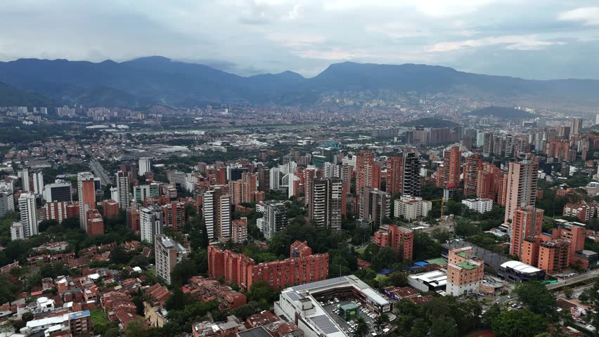 Aerial video over the El Poblado sector, in Medellín, Colombia.