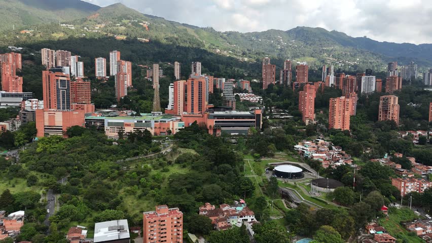 Aerial video over the El Poblado sector, in Medellín, Colombia.