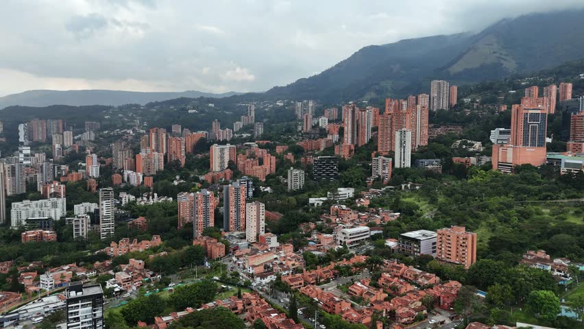 Aerial video over the El Poblado sector, in Medellín, Colombia.