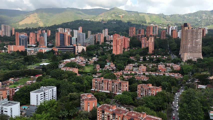 Aerial video over the El Poblado sector, in Medellín, Colombia.