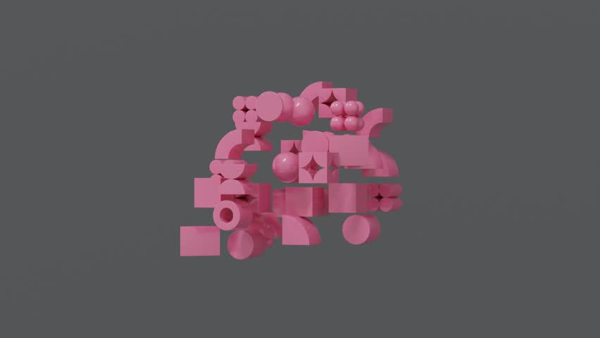 Abstract 3D pink geometric shapes arranged into cubic structure on dark gray surface inspired by Bauhaus aesthetics, creating surreal futuristic background with minimal conceptual composition