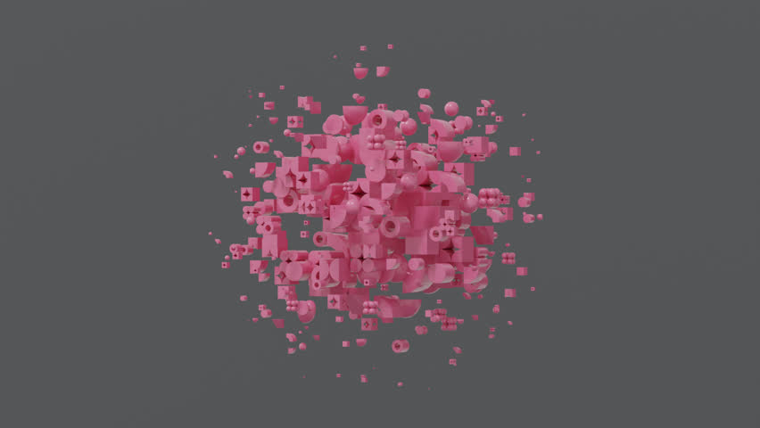 Abstract 3D composition of pink geometric forms arranged in spherical cloud on dark gray surface inspired by Bauhaus design, forming surreal futuristic minimal rhythm and conceptual motion