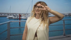 Young woman with glasses holds up peace sign at street pier by the sea, wearing sleeveless beige blouse and smiling with windblown hair; playful confidence. - Powered by Shutterstock - Get 15% off with code: PIKWIZARD15