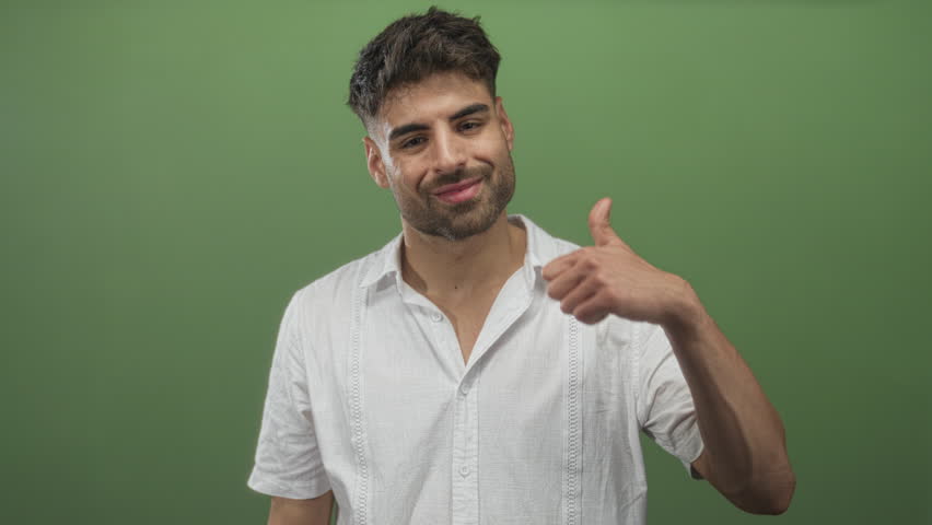 Man shows double thumbs up gesture in green studio setting with visible grin and relaxed posture; optimism.