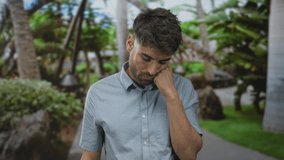 Man in light blue shirt with hand on cheek leaning head forward amid palm trees in street park walkway; fatigue. - Powered by Shutterstock - Get 15% off with code: PIKWIZARD15