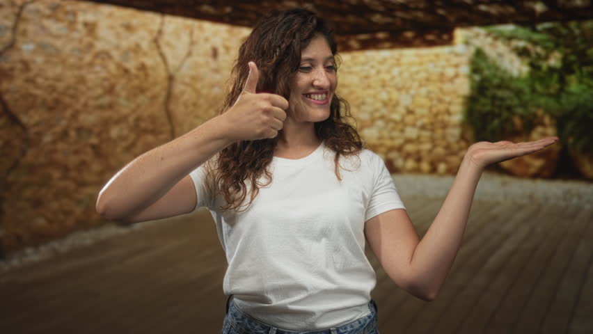 Woman wearing white t shirt shows thumbs up with right hand and presents open left palm in studio; confidence approval.