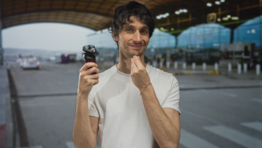Man holds electric shaver while touching chin at outdoor airport terminal drop off zone under large canopy; confidence readiness.