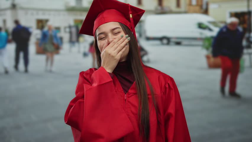 Graduated young woman in red uniform smiles outdoors on a busy street, celebrating her achievement with a confident gesture.