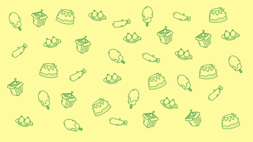 Repeating pattern of desserts and takeout food drawings. Suitable for food blog backgrounds, restaurant menus, or foodthemed digital designs.