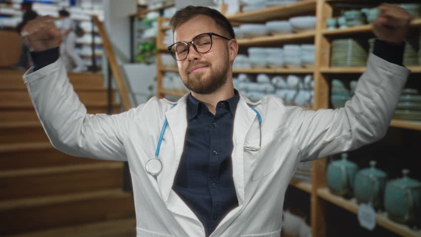 Man wearing white coat with stethoscope flexes arm and smiles in home decor shop; confidence compassion care.