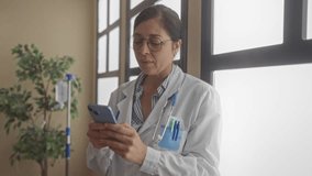 Middle aged hispanic woman doctor with stethoscope holding smartphone by sunlit window inside clinic building; serenity. - Powered by Shutterstock - Get 15% off with code: PIKWIZARD15