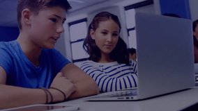 Two students working on laptop initiating code and globe overlay to learn coding in computer lab. Education, collaboration, technology, innovation, mentorship, digital, training - Powered by Shutterstock - Get 15% off with code: PIKWIZARD15