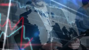 Man in dark suit seeing sliding financial charts and tapping data bars at desk, driving analysis. Business, analytics, digital, finance, technology, collaboration, management - Powered by Shutterstock - Get 15% off with code: PIKWIZARD15