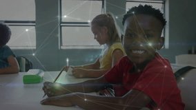 Three classmates starting writing in notebooks, pulsing overlay highlighting classroom connection. Education, collaboration, digital, technology, youth, learning, innovation - Powered by Shutterstock - Get 15% off with code: PIKWIZARD15