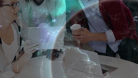 Team raising tablet at shared table, releasing cosmic overlay and reviewing content collaboratively. Collaboration, teamwork, innovation, brainstorming, futuristic, digital, coworking - Powered by Shutterstock - Get 15% off with code: PIKWIZARD15