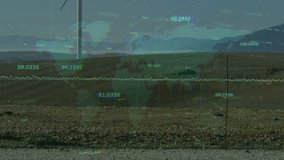 On faint world map fading in turbine spinning under grid and graph pulsing showing renewable data. Renewable, sustainability, technology, data, analytics, ecological, environmental - Powered by Shutterstock - Get 15% off with code: PIKWIZARD15