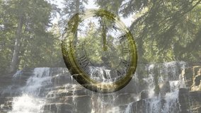 Sunlight hitting pocket watch rotating with minute hand moving above waterfall to show time passing. Nature, serenity, timeless, reflection, tranquility, enchantment, vintage - Powered by Shutterstock - Get 15% off with code: PIKWIZARD15